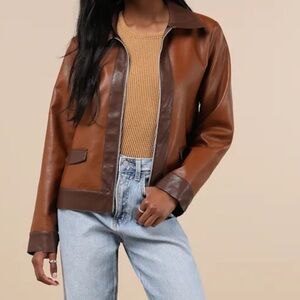 Lulus Immaculately Chic Brown Color Block Vegan Leather Moto Jacket